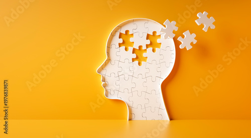 Head and brain diseases concept - missing pieces flying of the brain puzzle on yellow background with copy space