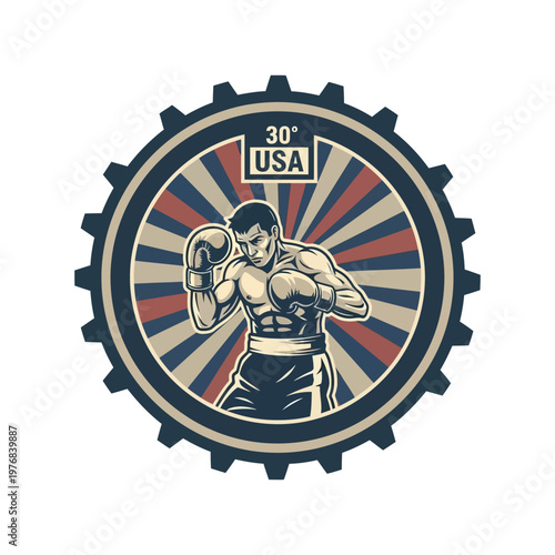 Boxer gear emblem featuring a fighter in a ring with usa flag background