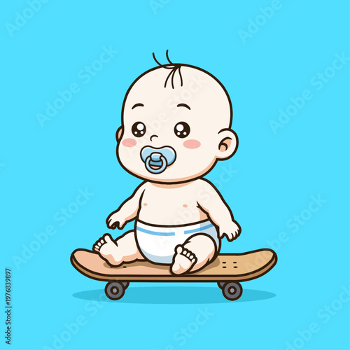 Cute vector illustration of a baby mascot sitting on a skateboard while sucking a pacifier.