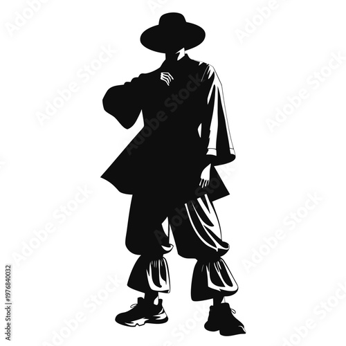 Black silhouette man wearing hat, elegant outfit, fashion illustration, vector graphics