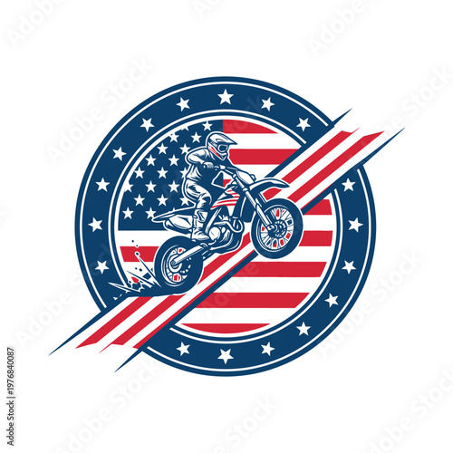 Motocross rider soaring with the american flag in a dynamic emblem design