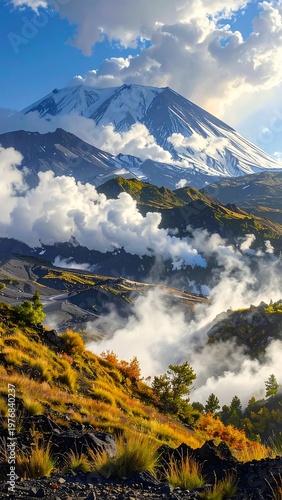 A serene mountain landscape with snow-capped peak, fluffy clouds, and autumn foliage