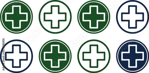 Medical cross icon set, vector illustrations featuring healthcare plus symbols for first aid emergency service hospital signage pharmacy mark and health care design.