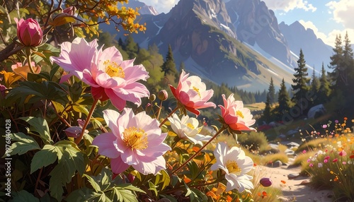 A serene mountain landscape with vibrant flowers