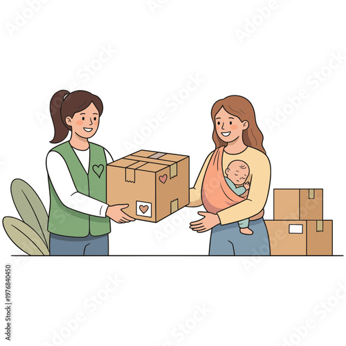 Two women exchanging boxes with one holding a baby in a sling