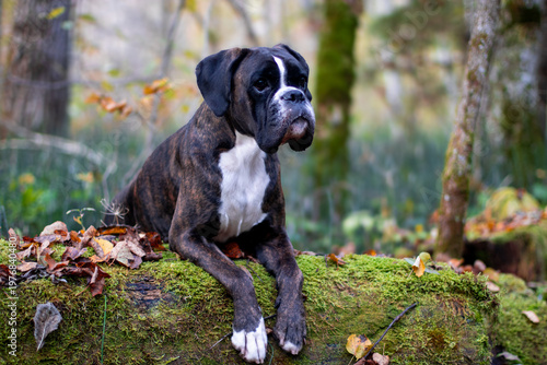 Beautiful brindle boxer dog is posing outside in golden autumn leaves, nice gold portrait and background