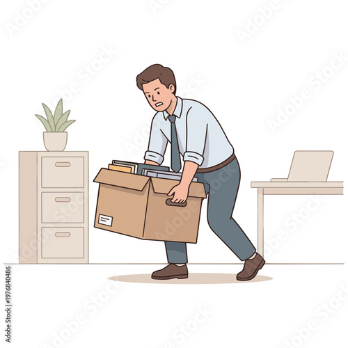 Man carefully lifting a cardboard box from office floor beside desk