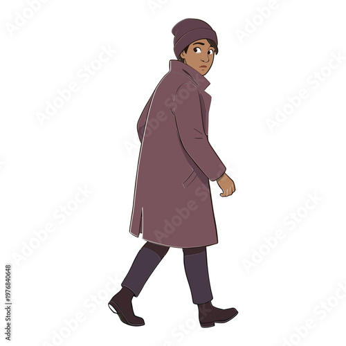 A woman walks alone on a city street wearing a purple coat and hat.