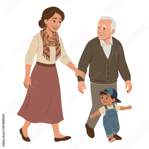 An elderly couple walks with a young child in a casual outdoor setting