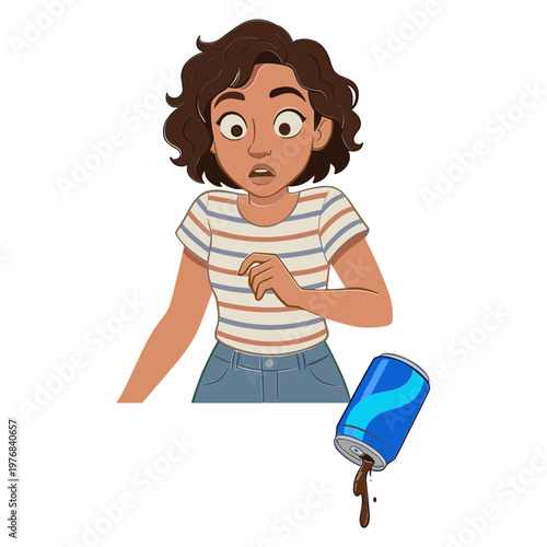A cartoon woman reacts surprised as a soda can spills on her.