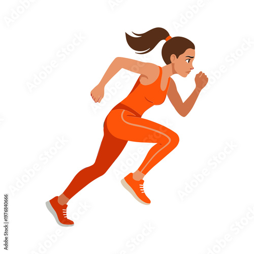 A woman in orange athletic wear is running quickly outdoors in a sporty action scene.