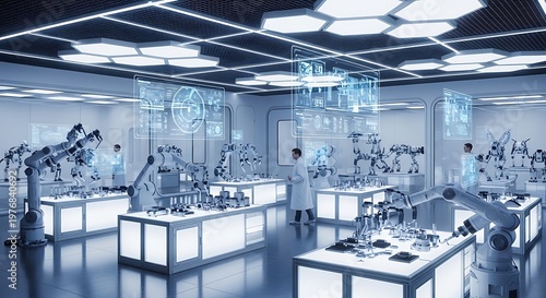 Robotic engineering laboratory with scientists and technicians working on automated systems and machinery