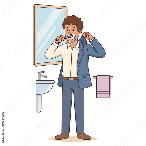 Man in business suit brushing teeth in front of bathroom mirror