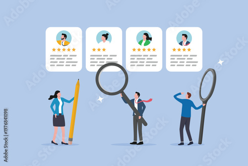Businesspeople HR with magnifier to choose chose candidate resume, HR Human Resources recruiting people fill in vacancy concept, recruitment hiring process to choose candidate to fit job position.
