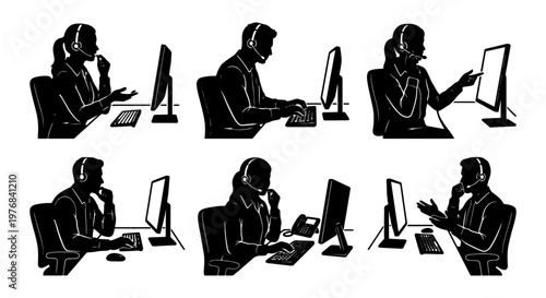 Call center operator silhouettes, customer service representative set with 6 vector icons, office workers with headsets at computer desks