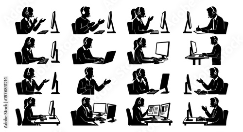 Call center silhouette icons, set of 16 customer service agent vectors, professional office workers with headsets at computer desks, help desk support staff