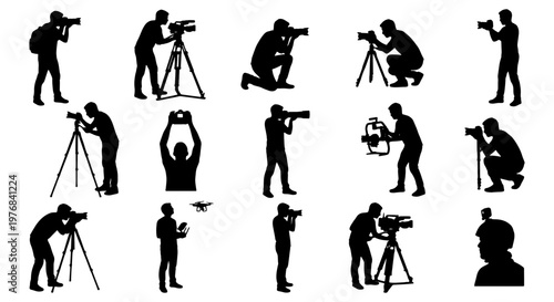 Professional photographer silhouettes set, 15 vector icons of cameramen with tripods and gear, videographer and drone pilot figures for media production
