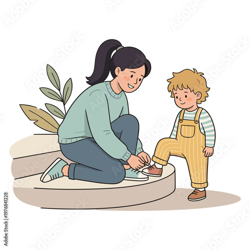 Woman helps a young boy tie his shoes on a step outdoors.