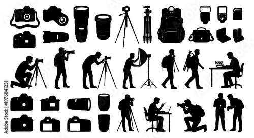 Photography equipment silhouettes and professional photographer icons, digital camera gear set, tripod and lens vector elements for studio branding