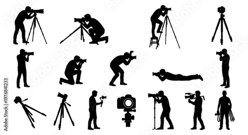 Professional photographer silhouettes set, cameraman and videographer icons, photography equipment and camera operator vector collection