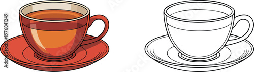 Teacup with saucer illustration & outline set isolated on transparent background