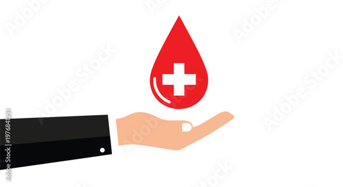 Vector graphic illustration depicting a helping hand presenting a red blood drop with a medical cross symbol.