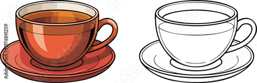 Teacup with saucer illustration & outline set isolated on transparent background