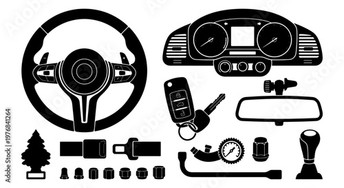 Car interior parts and automotive accessories vector set, black silhouette icons of steering wheel and dashboard, vehicle maintenance and driving elements