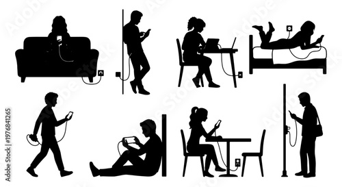 Black silhouette people charging mobile devices, set of 8 figures using smartphones and laptops while plugged into wall outlets, digital addiction concept