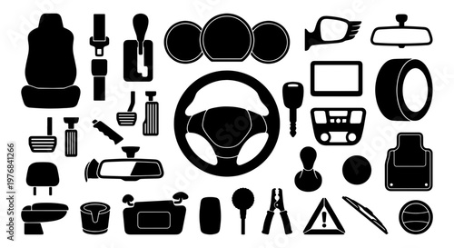 Automotive interior parts silhouette collection, car accessories and dashboard components set, black vehicle equipment icons for repair and maintenance
