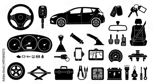 Automotive interior and car parts icon set, black silhouette vehicle accessories collection, 25 vector elements for transportation and garage services