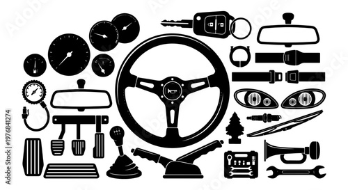 Automotive interior parts and car accessories icon set, black silhouette vehicle components vector, steering wheel and dashboard instruments collection