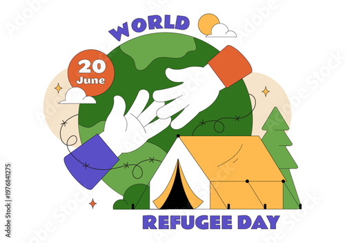 World Refugee Day Vector Illustration With Family Support, Shelter Tent, Helping Hands and Humanitarian Aid for Global Awareness Design