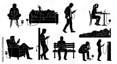 Smartphone addiction silhouette set, people charging mobile phones in daily life, digital dependency and technology obsession vector icons