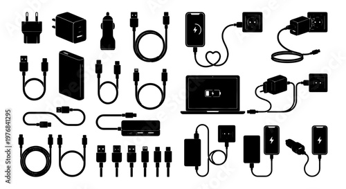 Electronic charger silhouette icons, 25 vector elements of USB cables and power adapters, mobile phone and laptop charging accessories set