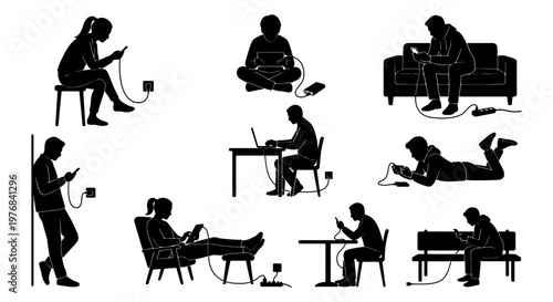 Black silhouette people using mobile devices while charging, set of 9 vector figures with smartphones and laptops, digital addiction concept