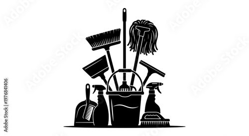Professional cleaning equipment silhouette, janitorial supplies and housekeeping tools vector, black bucket with mop and broom icons for service logo