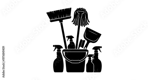 Black silhouette cleaning supplies vector, professional janitorial equipment icons, household housekeeping tools with bucket and mop for service branding
