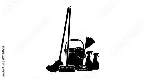 Black silhouette cleaning supplies vector, professional janitorial equipment set, household cleaning tools including mop bucket and spray bottles