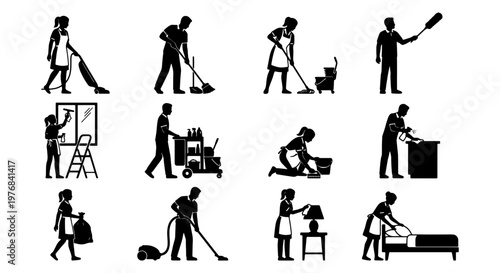 Professional cleaning service silhouettes, 12 janitorial staff icons, housekeeping and maid service vector set, commercial sanitation workers
