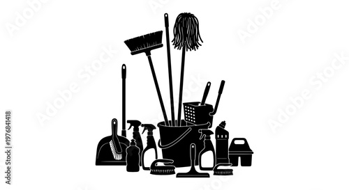 Black silhouette cleaning supplies collection, professional janitorial equipment set with broom and mop, household sanitation tools vector
