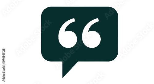Vector graphic illustration of a dark green speech bubble featuring prominent white quotation marks for communication design.