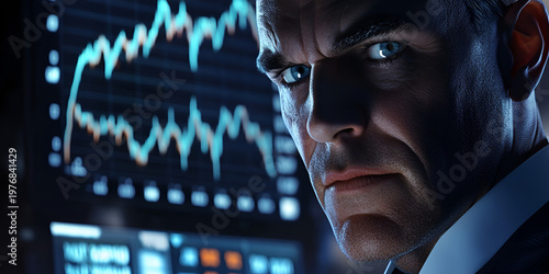Businessman Analyzing Stock Market Data with Clear Facial Detail in Modern Financial Trading and Investment Environment
