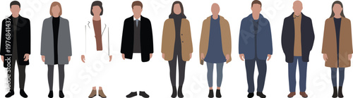 Minimalist line art vector set of seven faceless figures in casual winter outfits standing in row isolated on white background