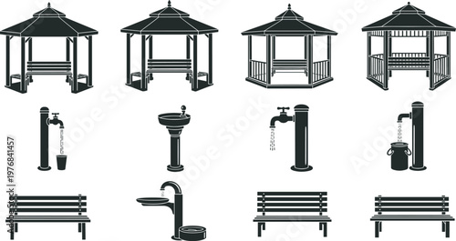 Set of Park Garden Silhouettes Vector, Featuring Gazebo Pavilions, Wooden Benches, Water Drinking Fountains, and Outdoor Faucet Icons for Landscape Design