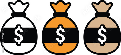 Money bag icon set, illustration of dollar symbol bags representing financial wealth savings banking investment graphics business branding and economy vector elements.