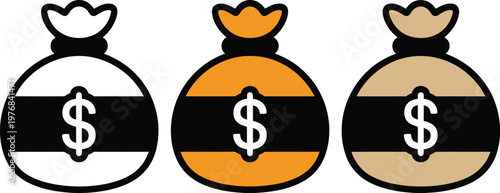 Money bag icon set, vector illustration featuring dollar sign bags for finance savings investment banking business and economic concept design graphics.
