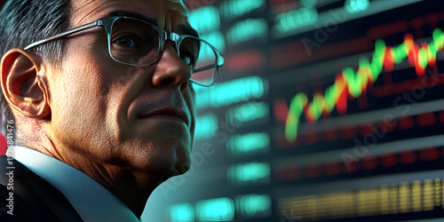 Businessman Analyzing Stock Market Data with Clear Facial Detail in Modern Financial Trading and Investment Environment