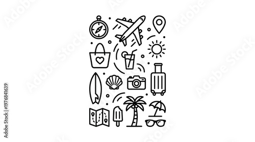 Black line travel icon collage for vacation planning and tourism design, featuring airplane, passport, map, camera, luggage, beach, compass, and destination icons.