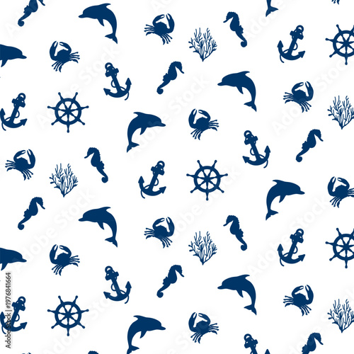 Monochrome pattern with sea animals and ship rigging.Vector seamless pattern with sea animals and ship equipment in blue on a white background.